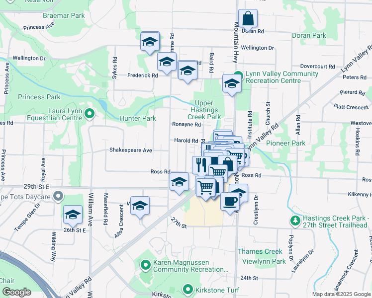 map of restaurants, bars, coffee shops, grocery stores, and more near 3150 Sunnyhurst Road in North Vancouver