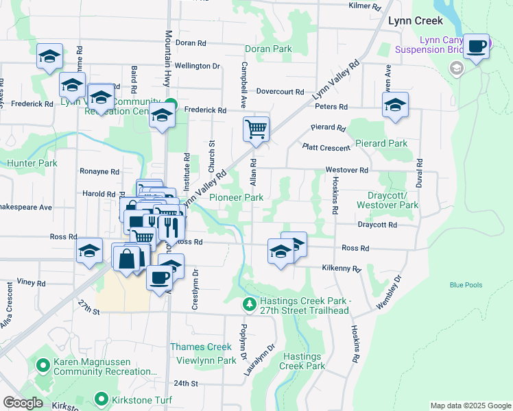 map of restaurants, bars, coffee shops, grocery stores, and more near 3176 Allan Road in North Vancouver