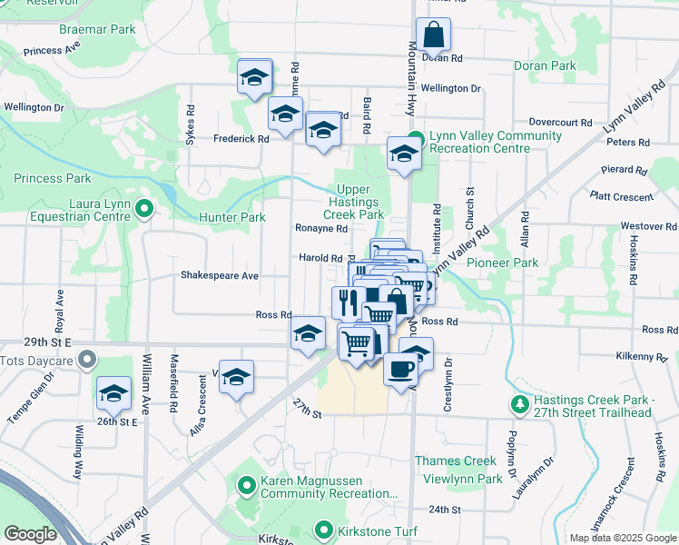 map of restaurants, bars, coffee shops, grocery stores, and more near 3175 Baird Road in North Vancouver