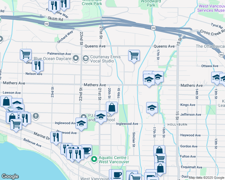 map of restaurants, bars, coffee shops, grocery stores, and more near 1428 20th Street in West Vancouver