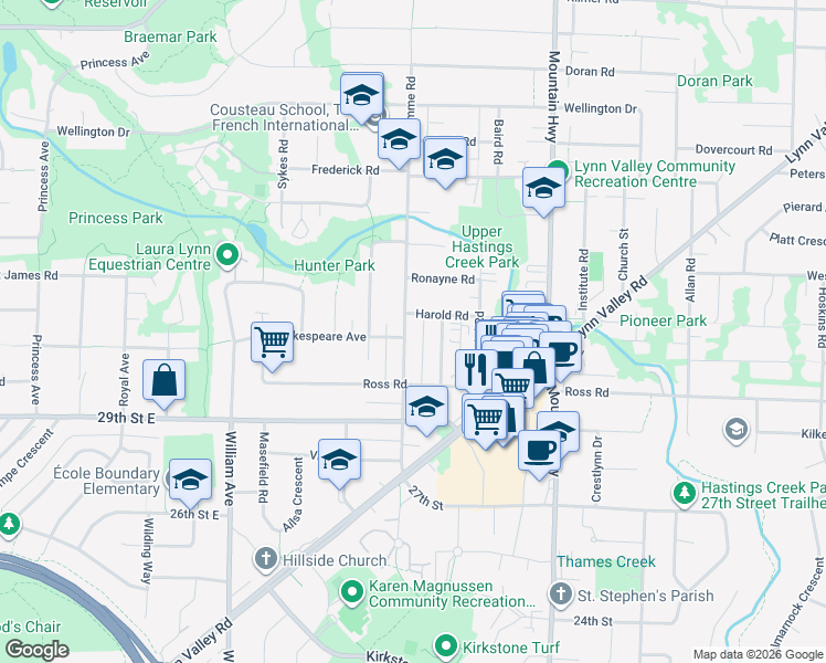 map of restaurants, bars, coffee shops, grocery stores, and more near in North Vancouver
