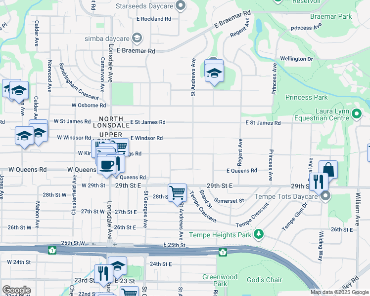 map of restaurants, bars, coffee shops, grocery stores, and more near 368 East Kings Road in North Vancouver