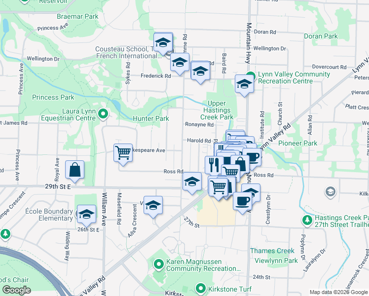 map of restaurants, bars, coffee shops, grocery stores, and more near 3150 Fromme Road in North Vancouver