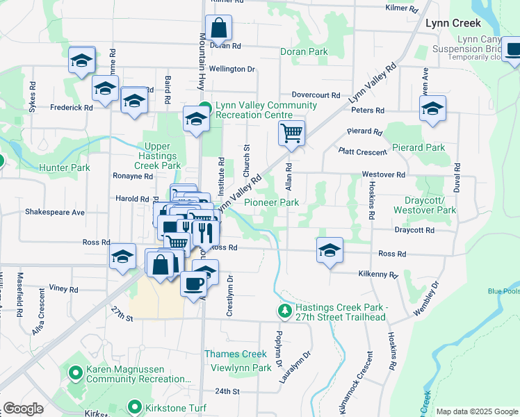 map of restaurants, bars, coffee shops, grocery stores, and more near 1439 Harold Road in North Vancouver