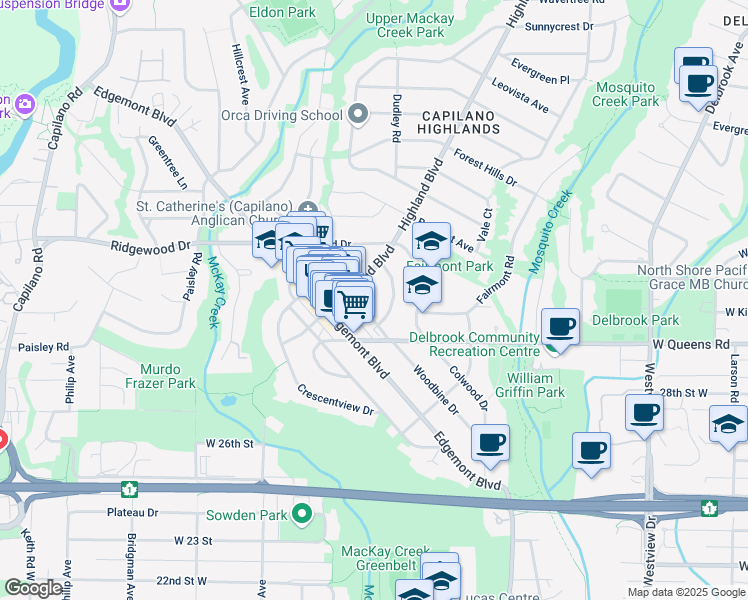 map of restaurants, bars, coffee shops, grocery stores, and more near 3152 Canfield Crescent in North Vancouver