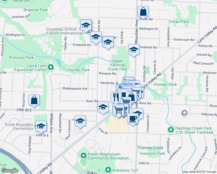 map of restaurants, bars, coffee shops, grocery stores, and more near 3150 Sunnyhurst Road in North Vancouver