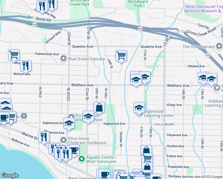 map of restaurants, bars, coffee shops, grocery stores, and more near 1850 Mathers Avenue in West Vancouver
