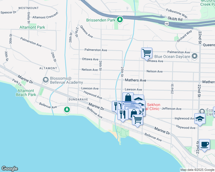 map of restaurants, bars, coffee shops, grocery stores, and more near 2567 Lawson Avenue in West Vancouver