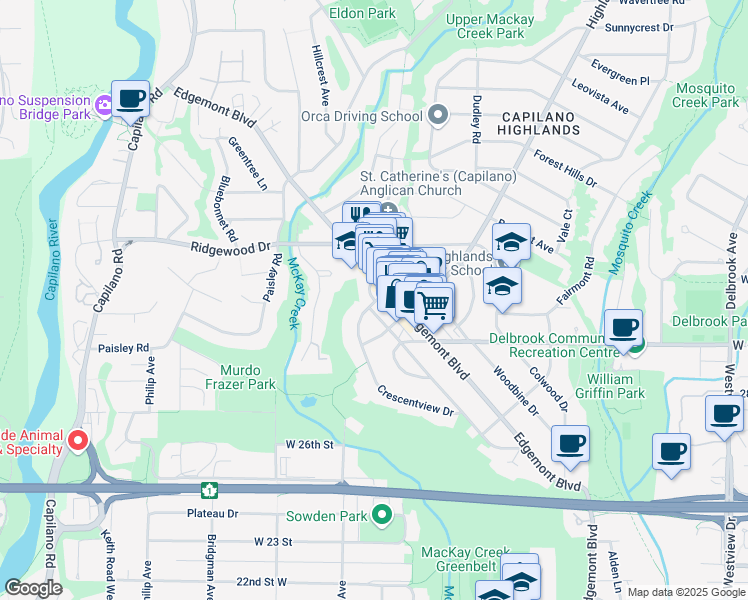 map of restaurants, bars, coffee shops, grocery stores, and more near 3121 Connaught Crescent in North Vancouver