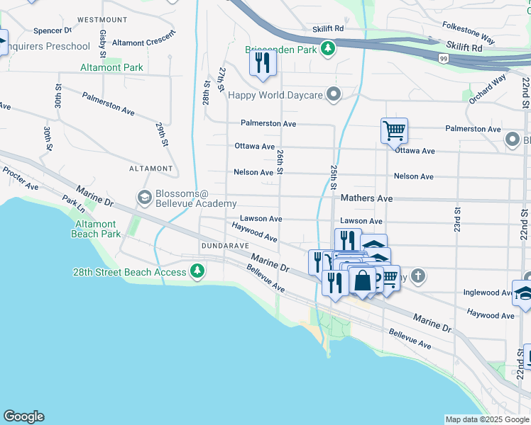 map of restaurants, bars, coffee shops, grocery stores, and more near 2623 Lawson Avenue in West Vancouver