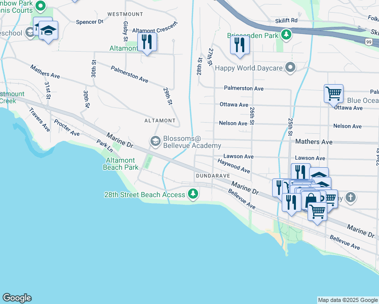 map of restaurants, bars, coffee shops, grocery stores, and more near 1405 28th Street in West Vancouver