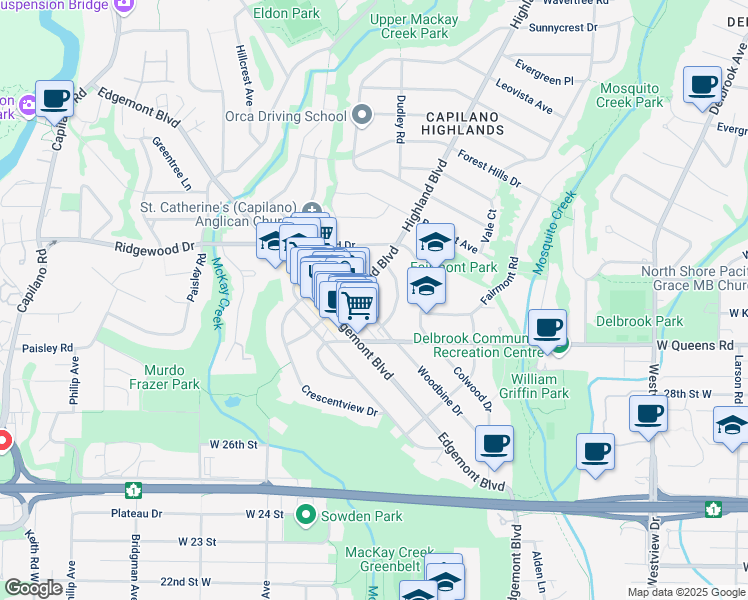 map of restaurants, bars, coffee shops, grocery stores, and more near 3152 Canfield Crescent in North Vancouver