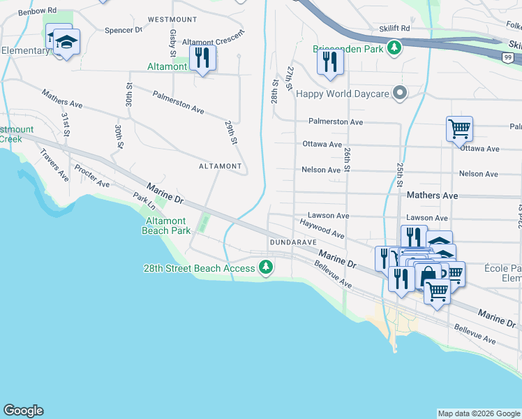 map of restaurants, bars, coffee shops, grocery stores, and more near 1405 28th Street in West Vancouver