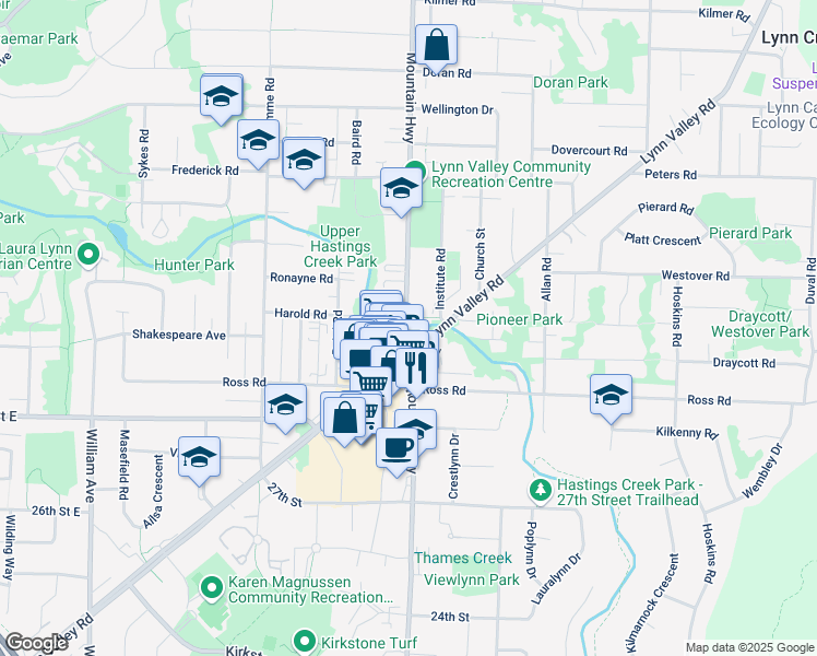 map of restaurants, bars, coffee shops, grocery stores, and more near 3182 Mountain Highway in North Vancouver