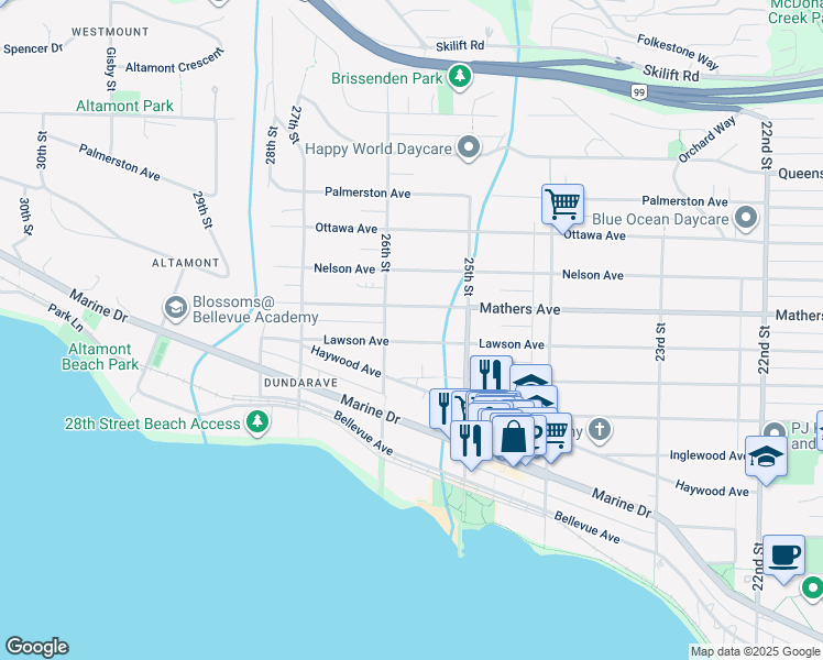 map of restaurants, bars, coffee shops, grocery stores, and more near 2567 Lawson Avenue in West Vancouver