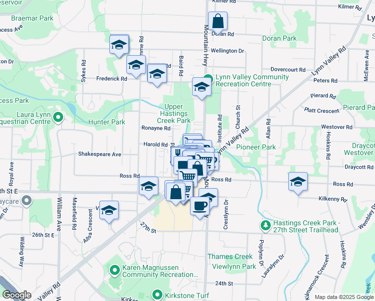 map of restaurants, bars, coffee shops, grocery stores, and more near 3191 Mountain Highway in North Vancouver