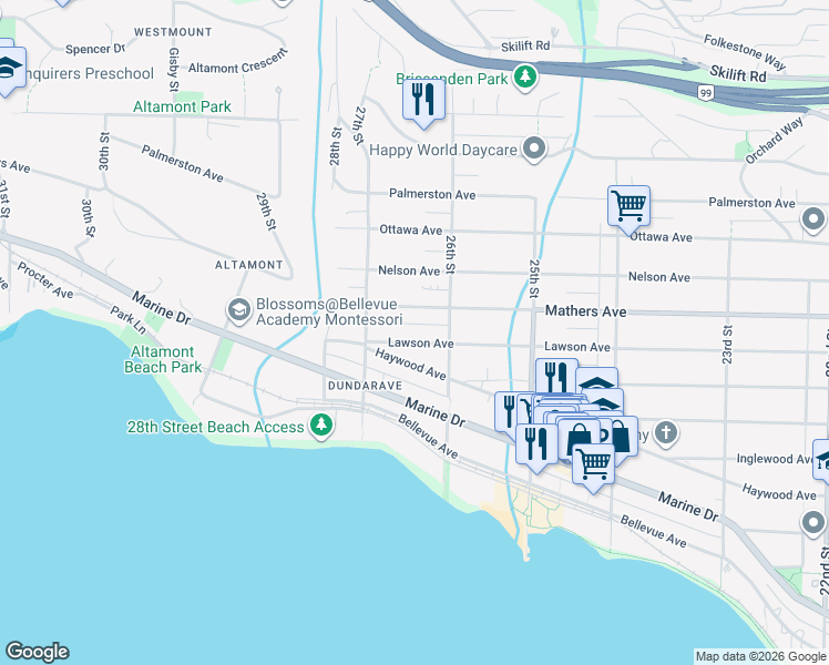 map of restaurants, bars, coffee shops, grocery stores, and more near 2643 Lawson Avenue in West Vancouver