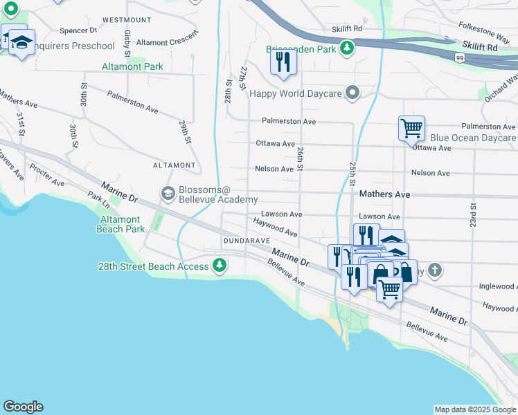 map of restaurants, bars, coffee shops, grocery stores, and more near 2677 Lawson Avenue in West Vancouver
