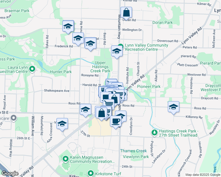 map of restaurants, bars, coffee shops, grocery stores, and more near 3191 Mountain Highway in North Vancouver