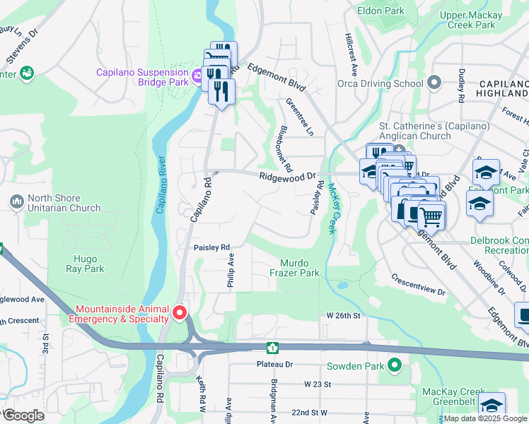 map of restaurants, bars, coffee shops, grocery stores, and more near 3056 Saint Annes Drive in North Vancouver