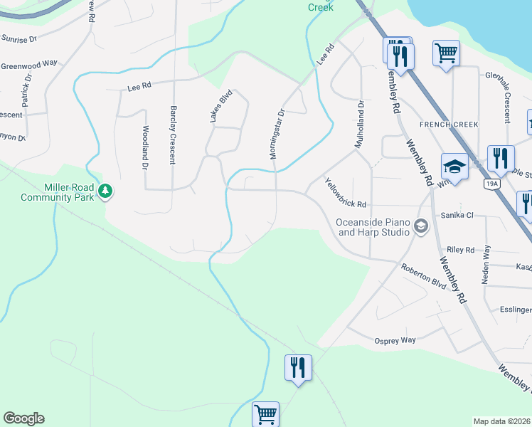 map of restaurants, bars, coffee shops, grocery stores, and more near 1191 Rosemount Close in Parksville