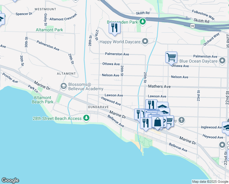 map of restaurants, bars, coffee shops, grocery stores, and more near 2633 Lawson Avenue in West Vancouver