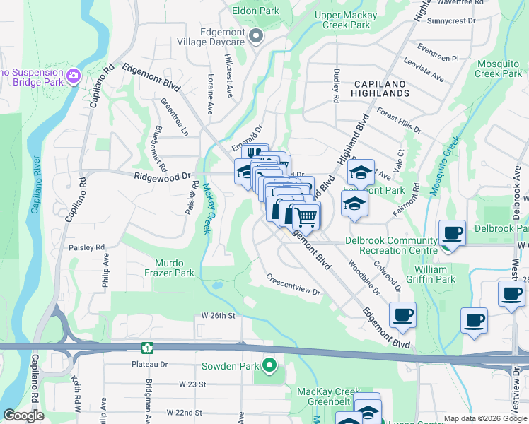 map of restaurants, bars, coffee shops, grocery stores, and more near 3121 Connaught Crescent in North Vancouver