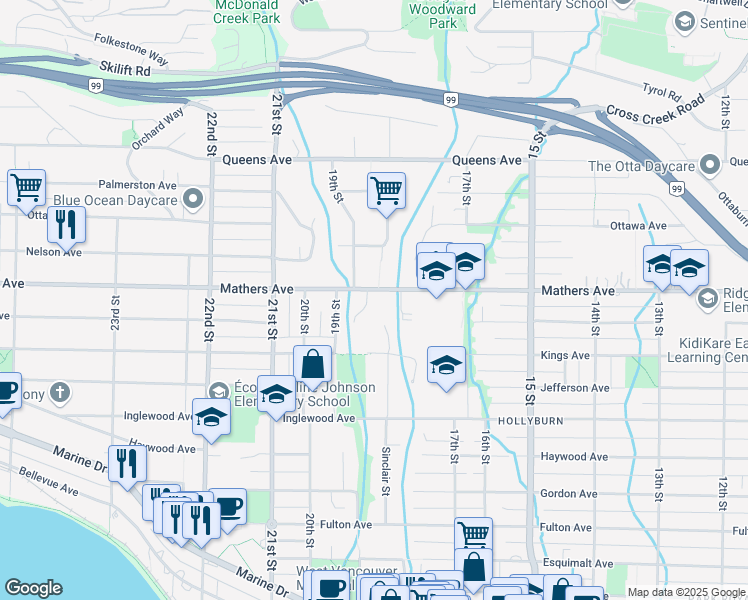 map of restaurants, bars, coffee shops, grocery stores, and more near 1840 Mathers Avenue in West Vancouver
