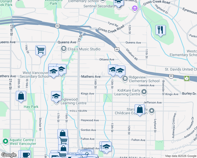 map of restaurants, bars, coffee shops, grocery stores, and more near 1386 Mathers Avenue in West Vancouver