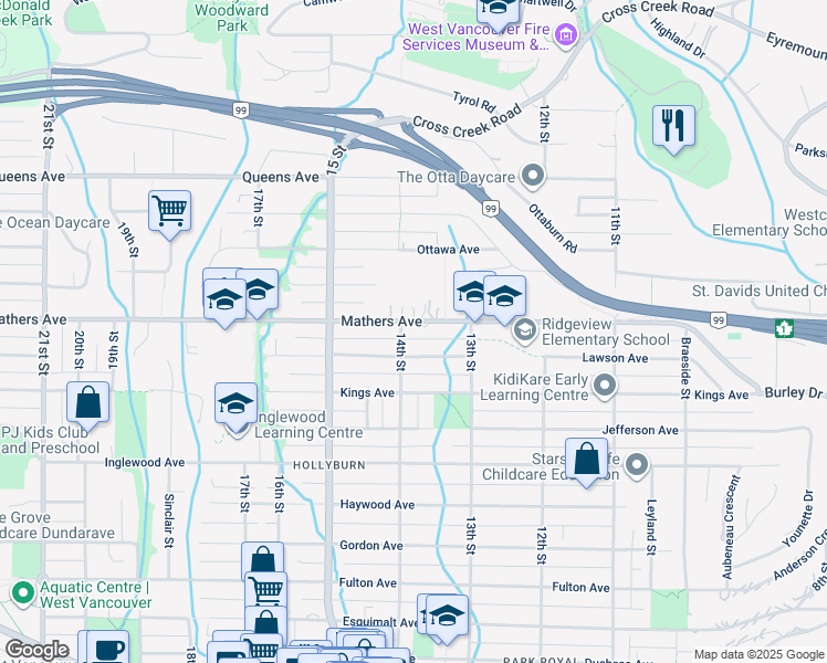 map of restaurants, bars, coffee shops, grocery stores, and more near 1386 Mathers Avenue in West Vancouver