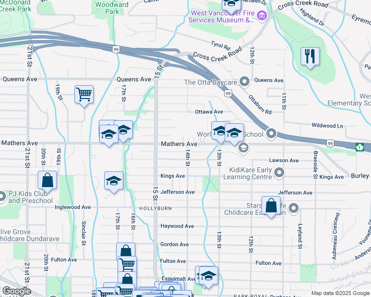 map of restaurants, bars, coffee shops, grocery stores, and more near 1410 Mathers Avenue in West Vancouver