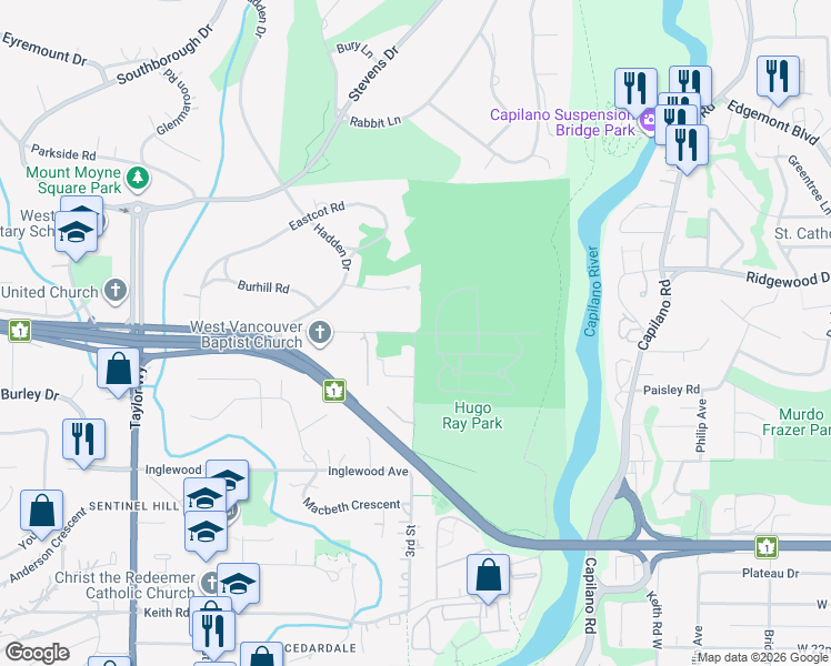 map of restaurants, bars, coffee shops, grocery stores, and more near Mathers Ave & 3rd St in West Vancouver