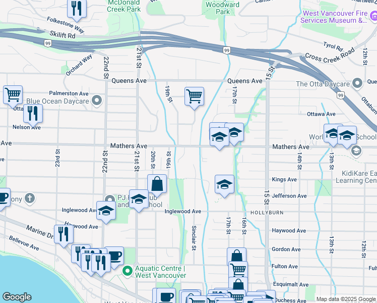 map of restaurants, bars, coffee shops, grocery stores, and more near 1840 Mathers Avenue in West Vancouver