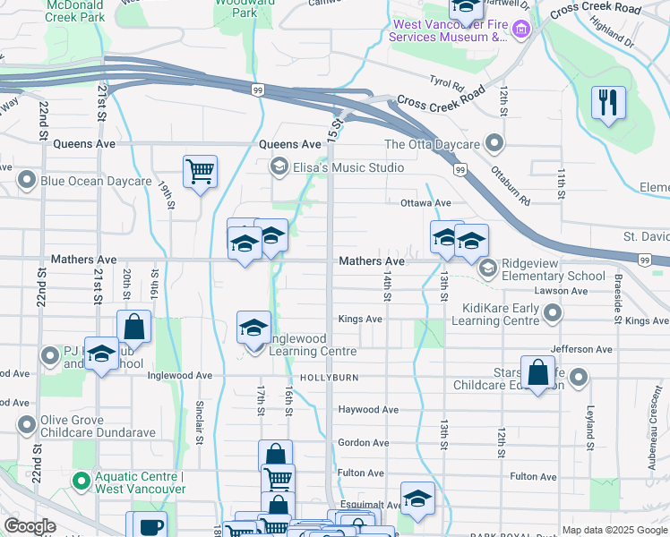 map of restaurants, bars, coffee shops, grocery stores, and more near 1490 Mathers Avenue in West Vancouver