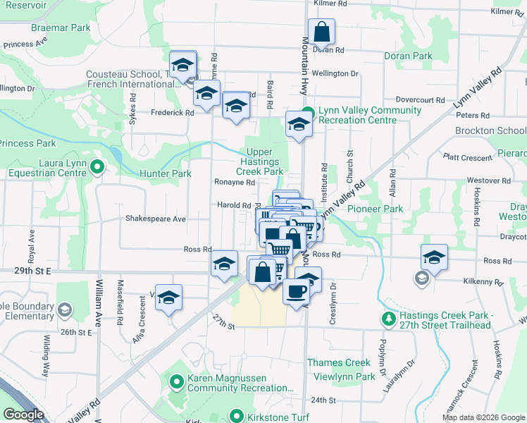 map of restaurants, bars, coffee shops, grocery stores, and more near 1205 Harold Road in North Vancouver