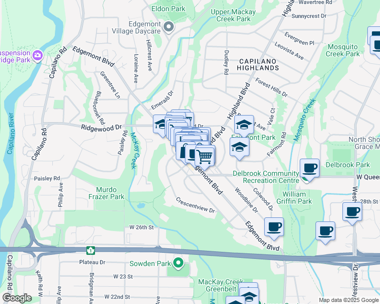 map of restaurants, bars, coffee shops, grocery stores, and more near 3124 Edgemont Boulevard in North Vancouver