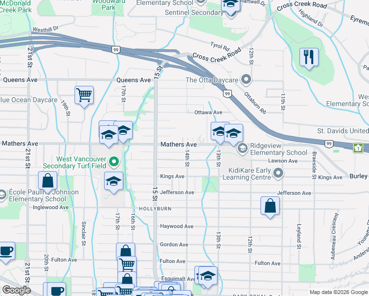 map of restaurants, bars, coffee shops, grocery stores, and more near 1410 Mathers Avenue in West Vancouver