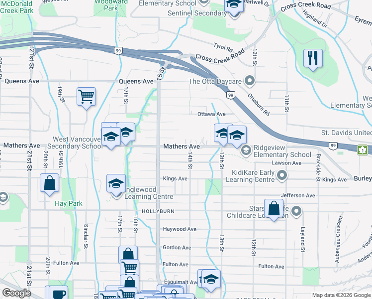map of restaurants, bars, coffee shops, grocery stores, and more near 1422 Mathers Avenue in West Vancouver