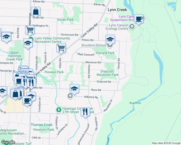 map of restaurants, bars, coffee shops, grocery stores, and more near 3202 Hoskins Road in North Vancouver