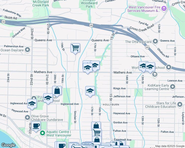 map of restaurants, bars, coffee shops, grocery stores, and more near 1700 Mathers Avenue in West Vancouver
