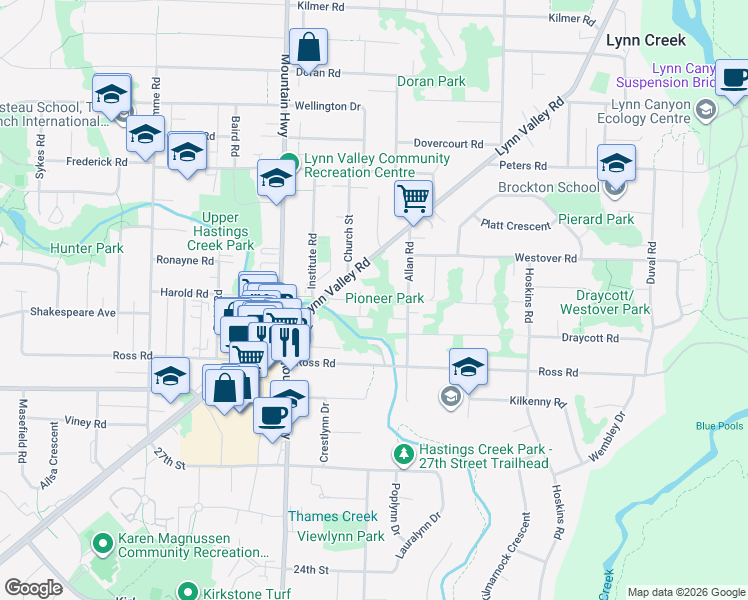 map of restaurants, bars, coffee shops, grocery stores, and more near 1442 Harold Road in North Vancouver