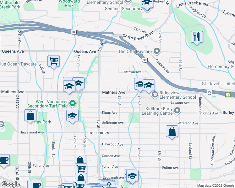 map of restaurants, bars, coffee shops, grocery stores, and more near 1410 Mathers Avenue in West Vancouver