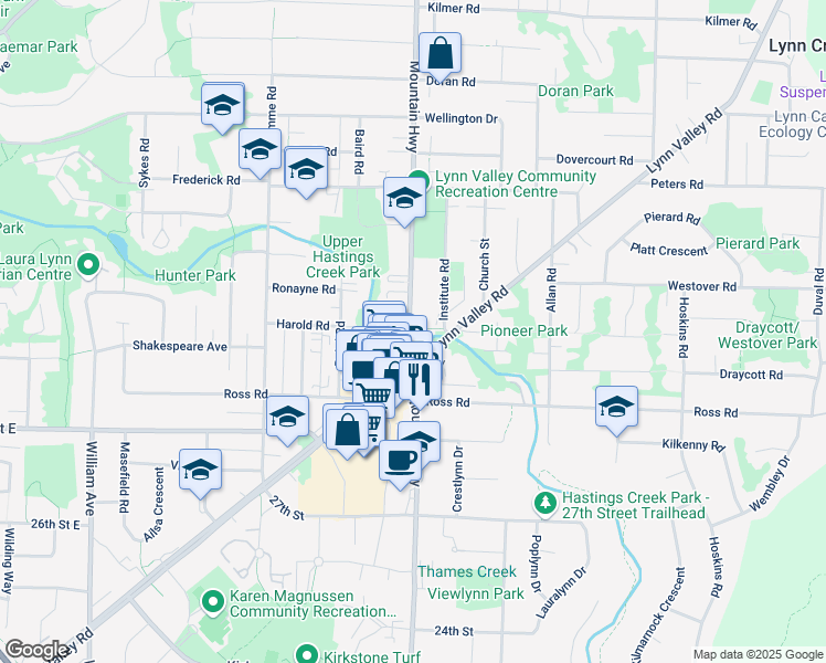 map of restaurants, bars, coffee shops, grocery stores, and more near 3182 Mountain Highway in North Vancouver