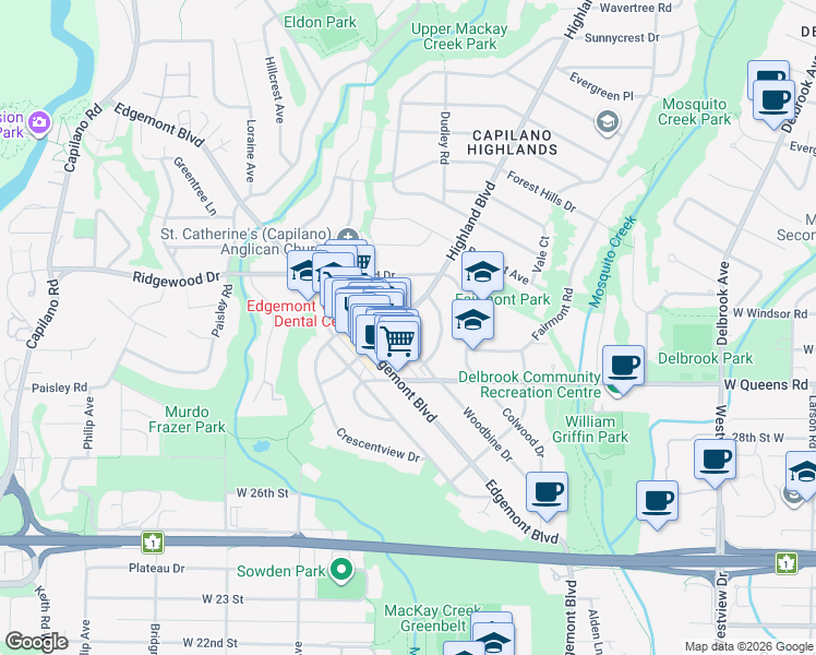 map of restaurants, bars, coffee shops, grocery stores, and more near 3161 Canfield Crescent in North Vancouver