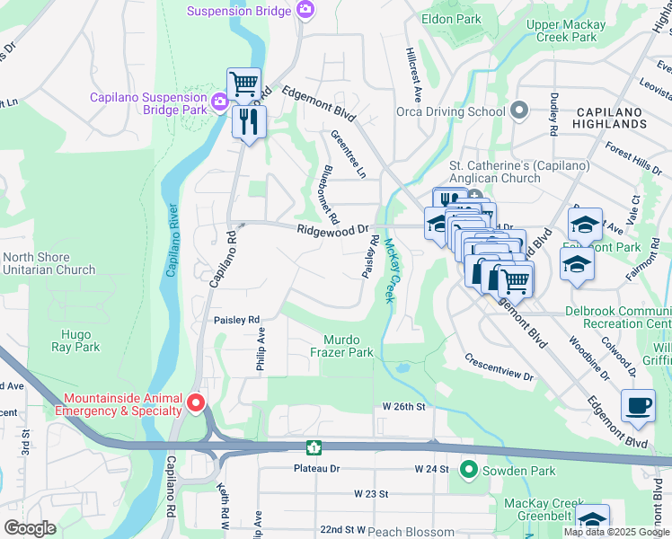 map of restaurants, bars, coffee shops, grocery stores, and more near 1298 Brantwood Road in North Vancouver