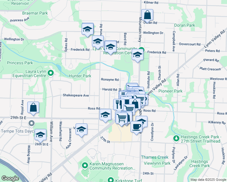 map of restaurants, bars, coffee shops, grocery stores, and more near 1165 Harold Road in North Vancouver