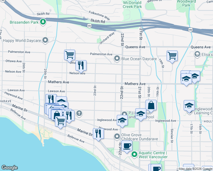 map of restaurants, bars, coffee shops, grocery stores, and more near 2258 Mathers Avenue in West Vancouver