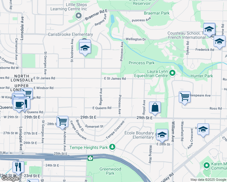 map of restaurants, bars, coffee shops, grocery stores, and more near 661 East Windsor Road in North Vancouver