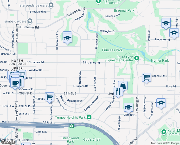 map of restaurants, bars, coffee shops, grocery stores, and more near 661 East Windsor Road in North Vancouver