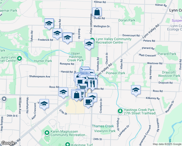 map of restaurants, bars, coffee shops, grocery stores, and more near 3196 Mountain Highway in North Vancouver